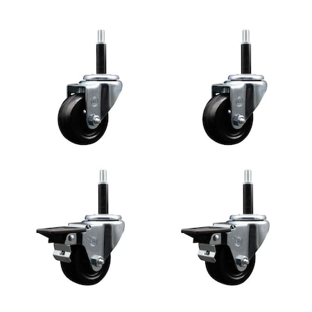 Service Caster 3'' Soft Rubber Wheel Swivel 3/4'' Expanding Stem Caster Set 2 Brakes, 4PK SCC-EX20S314-SRS-2-PLB-2-34